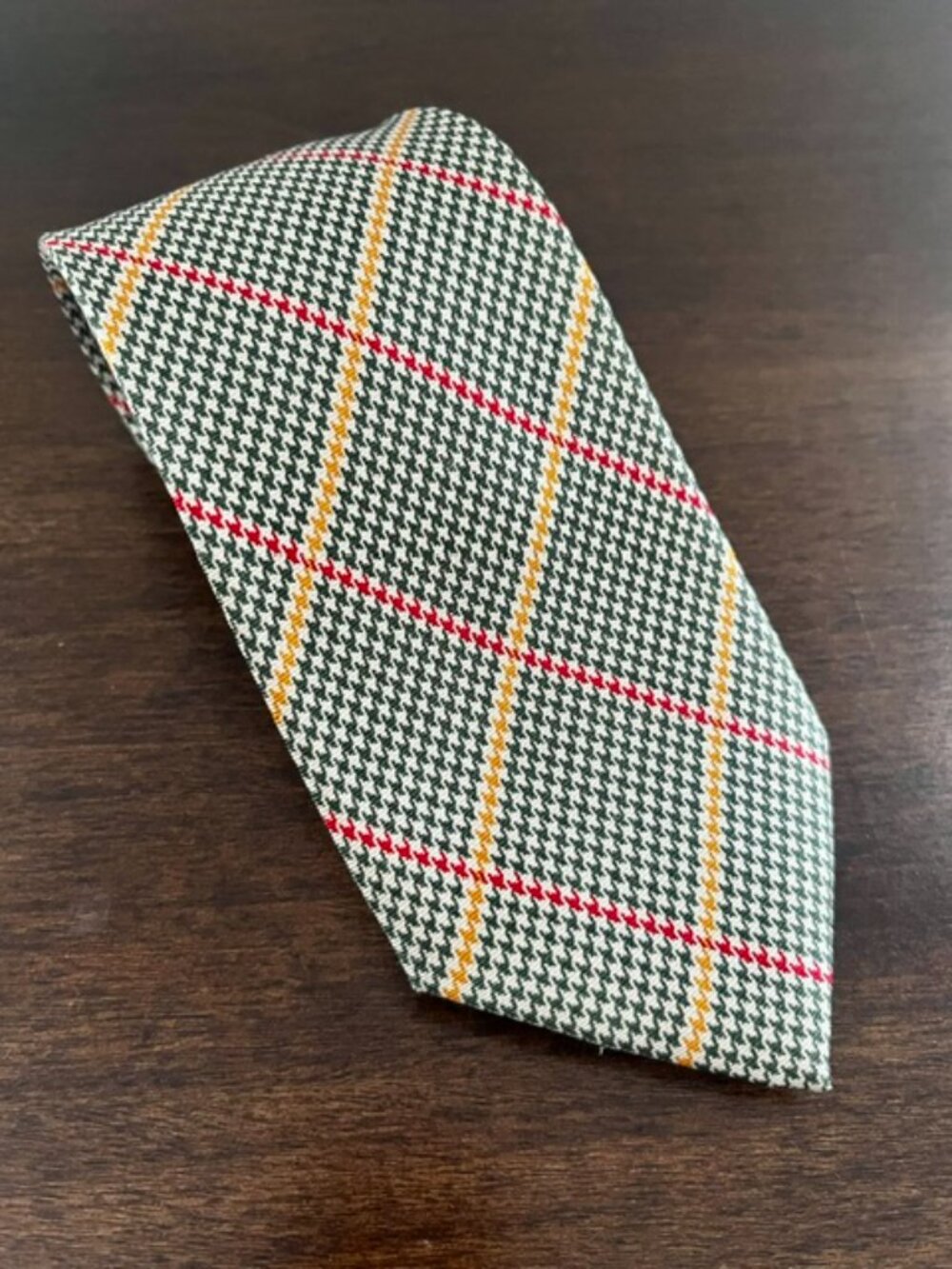 Lauren Ralph Lauren Silk Tie Houndstooth Plaid Hunter Green Gold Red